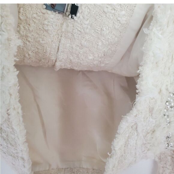 Alice + Olivia Nilla Cream Embellished Tweed Fringe Beaded Trim Boxy Cut Jacket - Picture 12 of 14